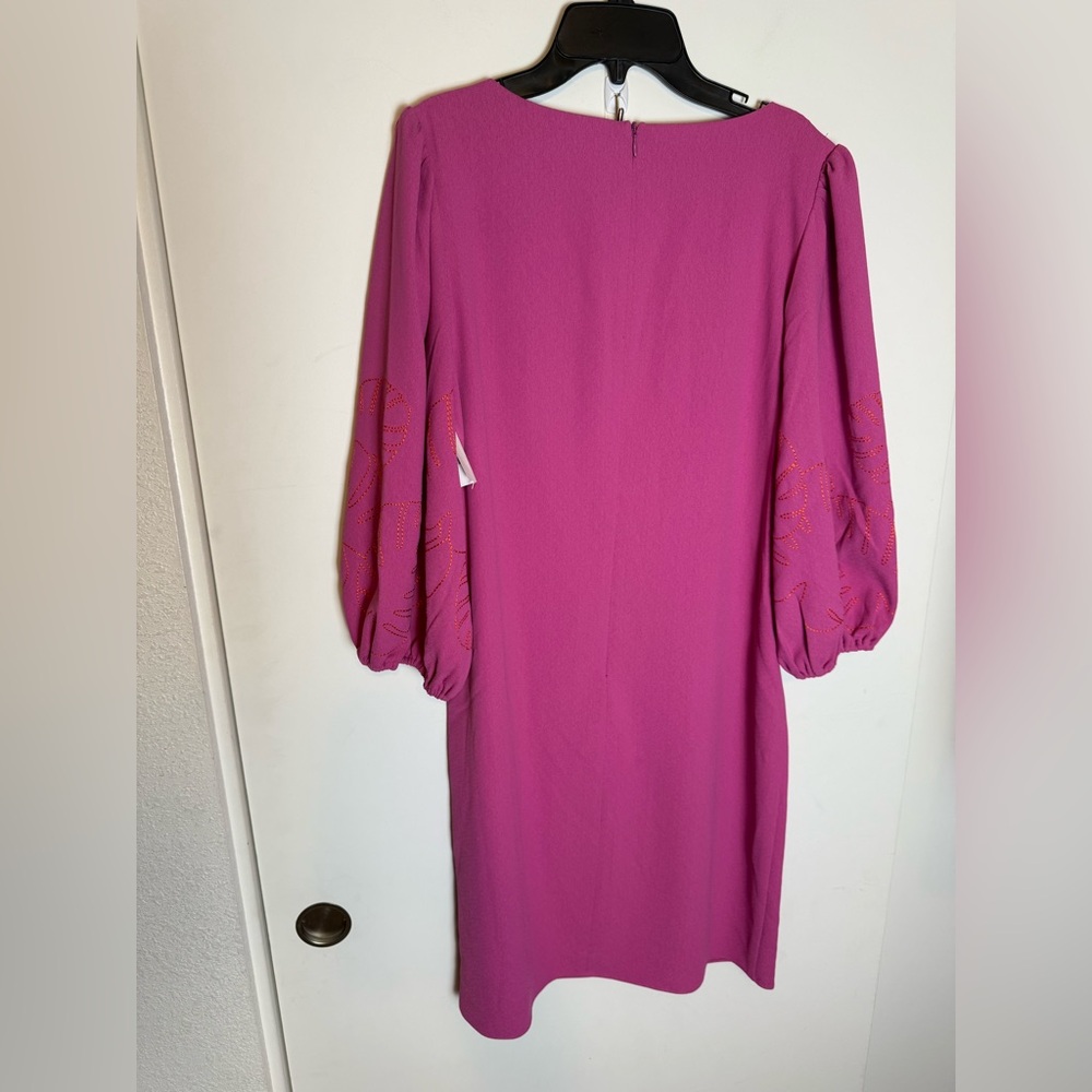 $295 Trina Turk valerian hot pink w orange Embroidered puff sleeves Sheath Dress - Picture 8 of 8